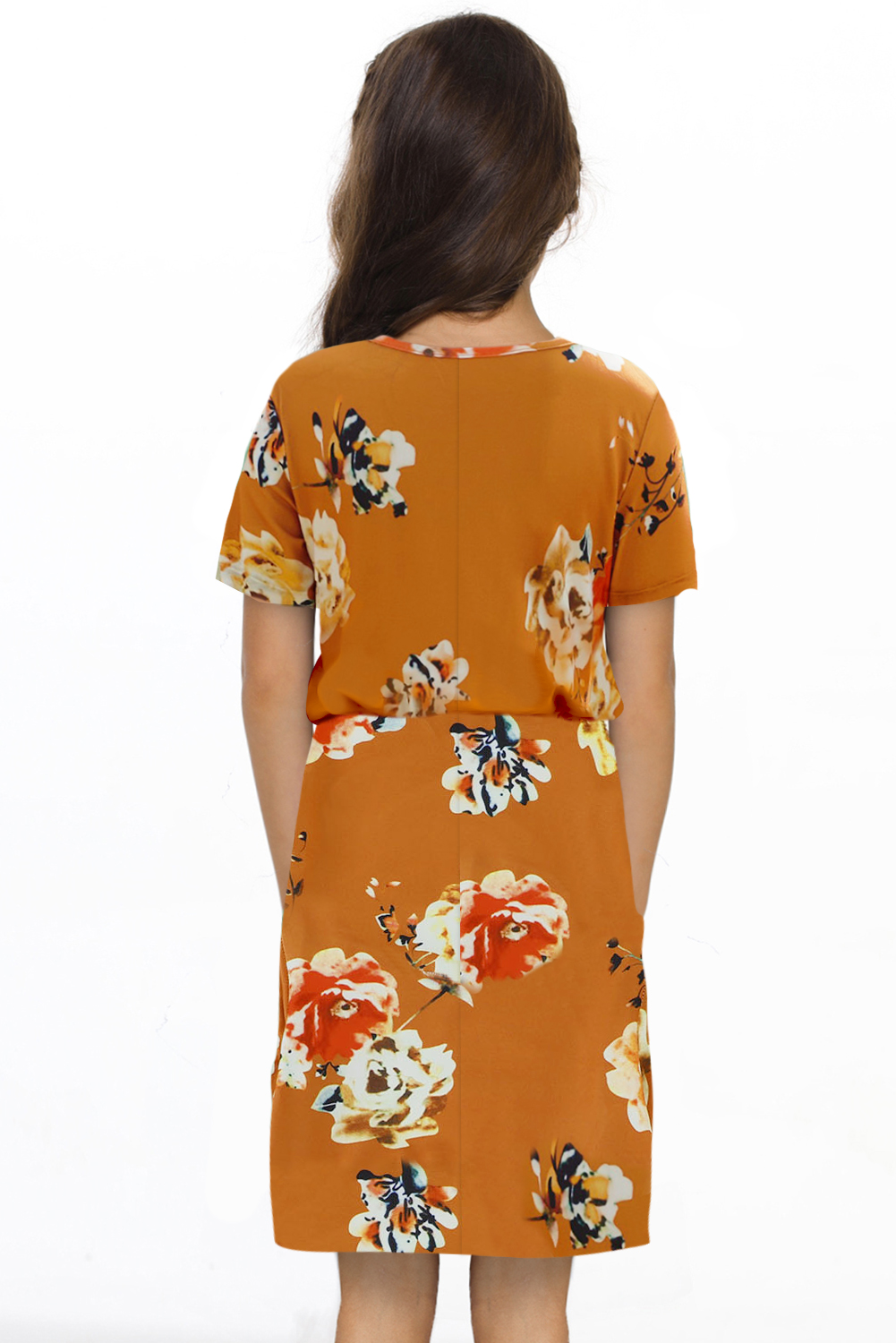 Orange Floral Print Drawstring Short Sleeve Girl's Mini Dress