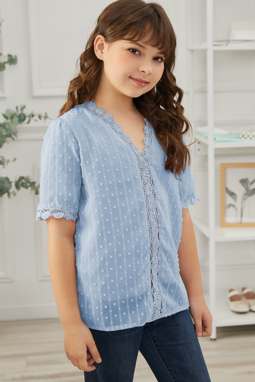 Sky Blue Swiss Dot Lace Short Sleeve Girls Top