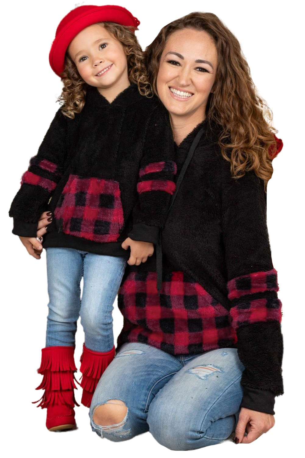 Little Girl Sherpa Plaid Pocket Hoodie