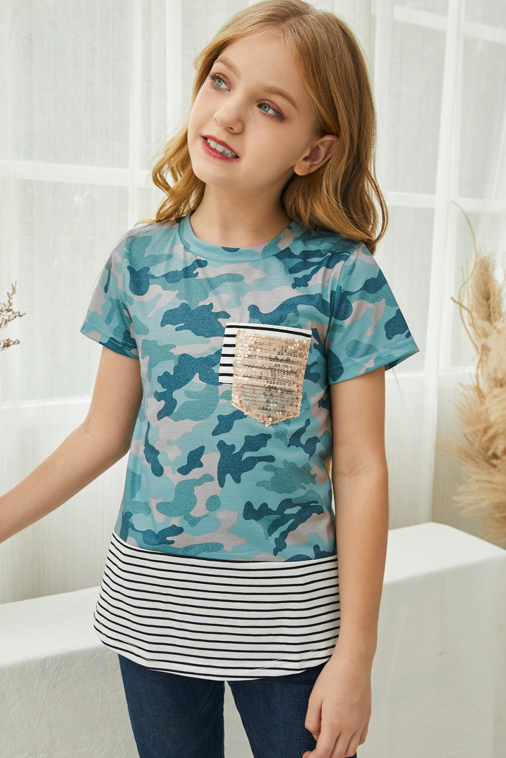 Green Camo Print Splicing Stripes Girls' T-Shirt