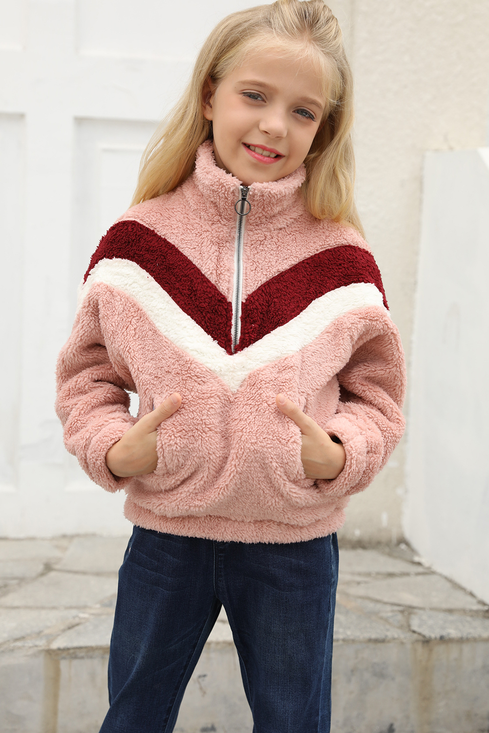 Pink Stripe Color Block Half Zip Girl Fleece Sweatshirt With Pocket