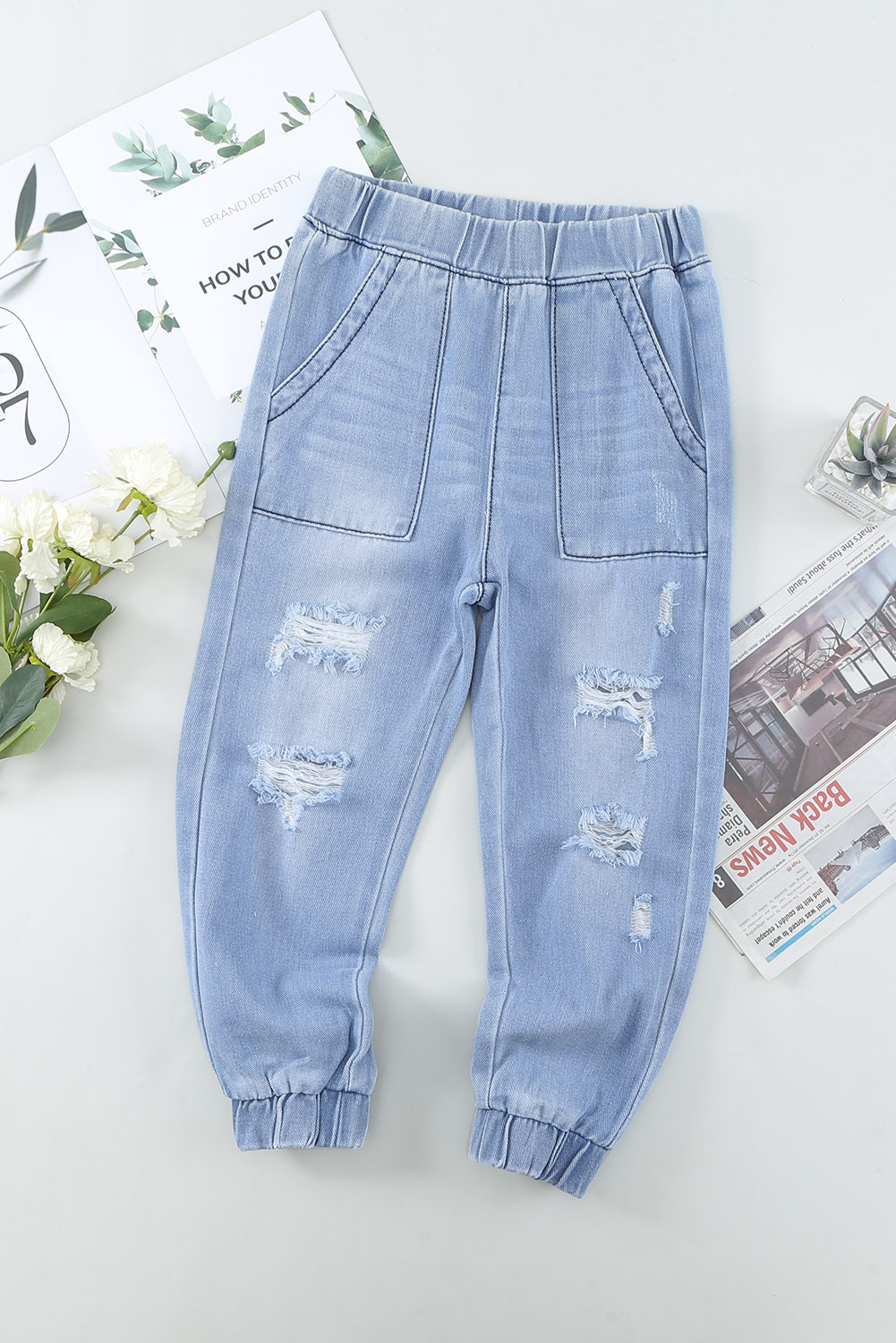 Light Blue Distressed Pocketd Little Girl Denim Joggers